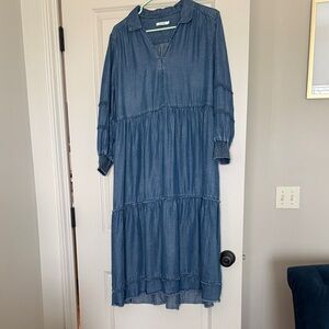 Chico's Long Sleeve Tiered Denim Midi Dress